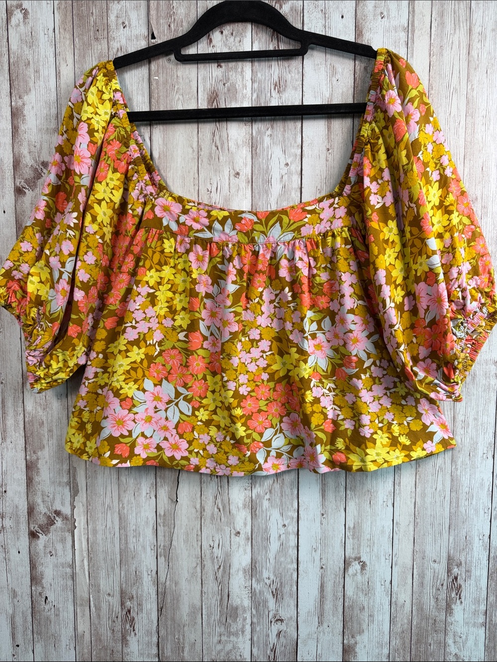 Billabong Floral Beach Daze Puff Sleeve Crop Top sz Medium Square Neck Yellow